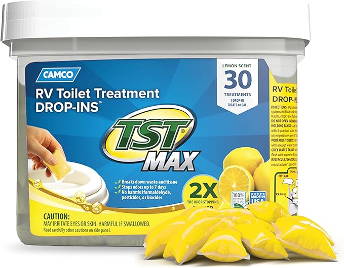 Camco TST MAX RV Toilet Treatment Drop-INs - Control Unwanted Odors & Break Down Waste and Tissue - Safe Septic Tank Treatment - Lemon Scent - 30-Count (41577)