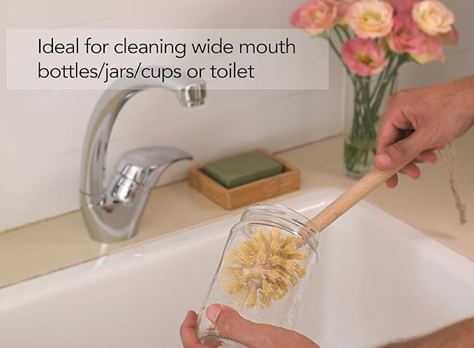 ECOLULU Natural Bamboo Dish Brush & Wood Bottle Brush for Wide Mouth Bottles, Cups and Jars, 2 Replacement Heads included (4 units total) Biodegradable, Eco Friendly Products