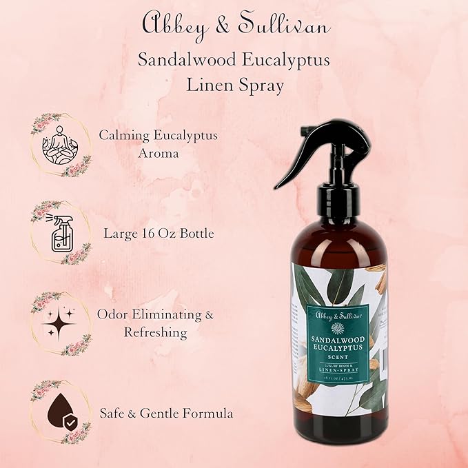 Abbey & Sullivan Linen Spray, Sandalwood Eucalyptus, Fabric Freshener and Odor Eliminator, Pack of 2, 16 oz