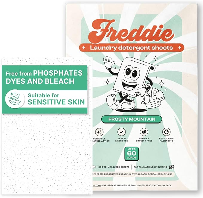 Freddie Laundry Detergent Sheets - Recyclable Packaging - No Mess Strips - 60 Loads - Crisp Frosty Mountain Scent