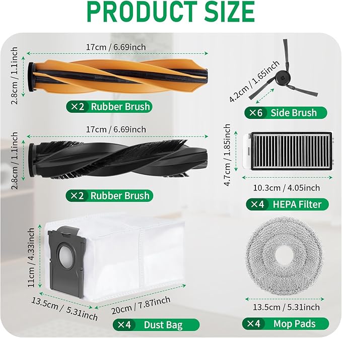 Accessories Replacement Parts for Dreame X50 Ultra/ L50 Ultra/ L40s Pro Ultra and Mova V50 Ultra Robot Vacuum Cleaner, 4 Rubber Main Brush,4 Filters,4 Dust Bags,4 Mop Pads,6 Side Brushes