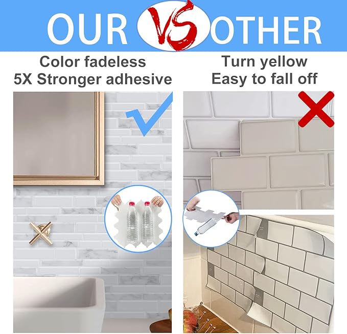 Marble Peel and Stick Backsplash, 10-Sheet Premium 3D Self Adhesive Tiles for Kitchen Stick on Backsplash, Marble Look Decorative Tiles