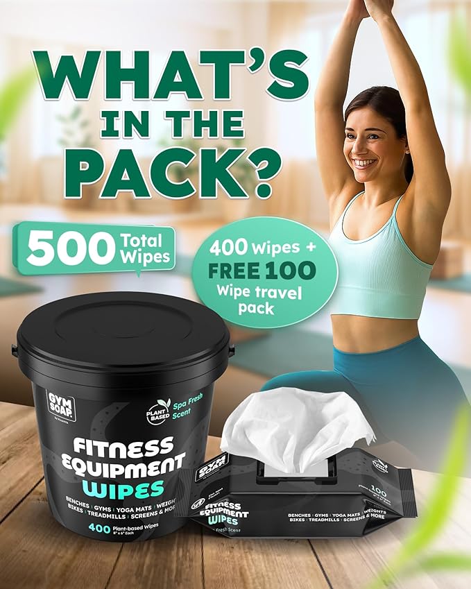 Yoga Mat Cleaner Wipes, Plant Based - 500 Gym Equipment Wipes to Clean Exercise Equipment, Treadmill, Peloton Bikes - Gym Supplies, Yoga Supplier, Cleaning Wipes for Home & Gym - Spa Fresh Scent