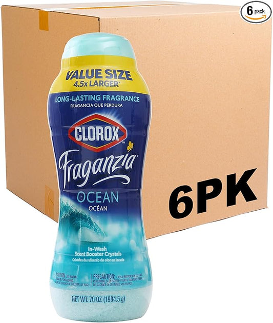 Clorox Fraganzia Laundry Scent Booster Crystals, In-Wash Fragrance Beads for Fresh-Smelling Clothes & Linens, Safe for All Fabrics & Colors, Easy-Pour Bottle, Ocean Scent, 70 Oz - 6 Pack