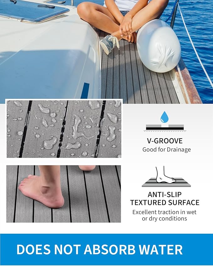 OCEANBROAD EVA Foam Boat Flooring with 3M Adhesive Backing Marine Self-Adhesive Decking 96''x45.6''/36''/28.8''/16.8'', 48''x16.8'' Faux Teak Sheet for Jon Boats Swim Platform Helm Pad RV Floor