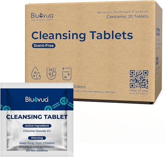 Bluevua Cleansing Tablet, 20-Pack, Compatible with Countertop RO Systems, Chlorine Dioxide Formula, Removes Odors & Organic Buildup