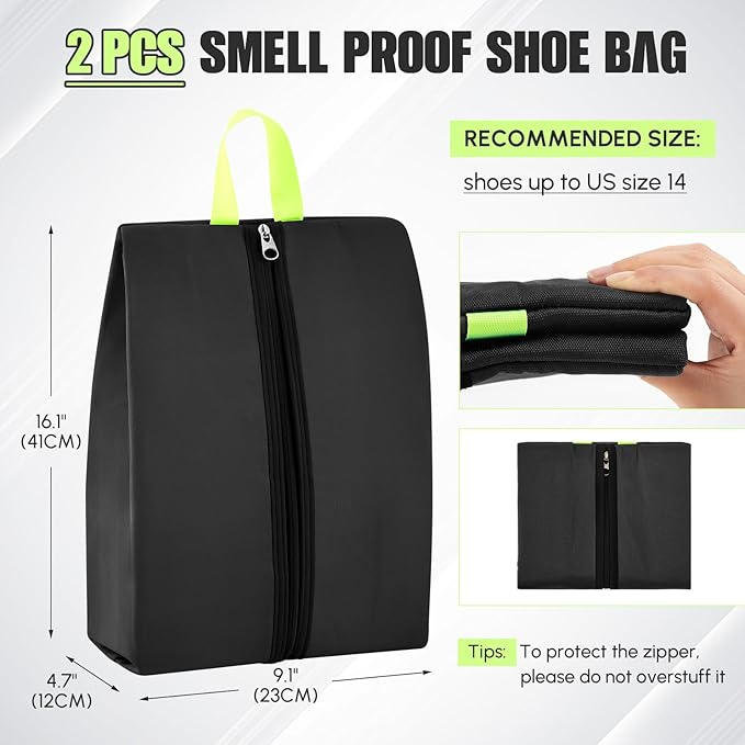 2 Pcs Smell Proof Cleat Bag for Sports, 4 Layer Odor Absorbing Soccer Football Baseball Golf Shoe Bag, Waterproof Mud Resistant Shoe Storage Pouch Fits up to Size 14 (Black,White)