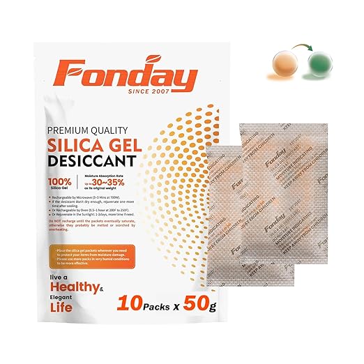 50g x 10 packs Fonday Rechargeable Silica Gel Desiccant Packets Fast Reactivate Desiccant Bags Moisture Indicating Orange to Green