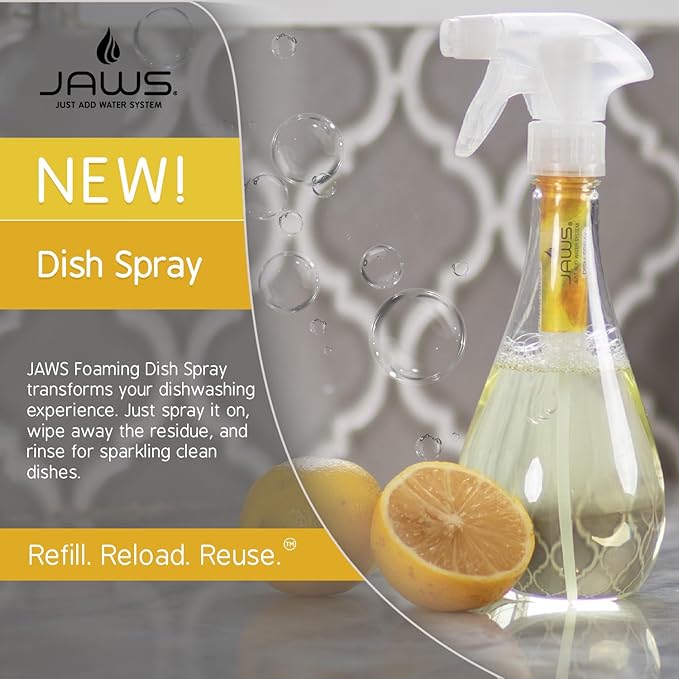 JAWS Dish Spray Cleaner Kit - 15 oz Refillable Bottle, 2 Lemon Scented Refills - Your Solution for Sparkling Dishes, Pots, Pans, Sinks, and Beyond!