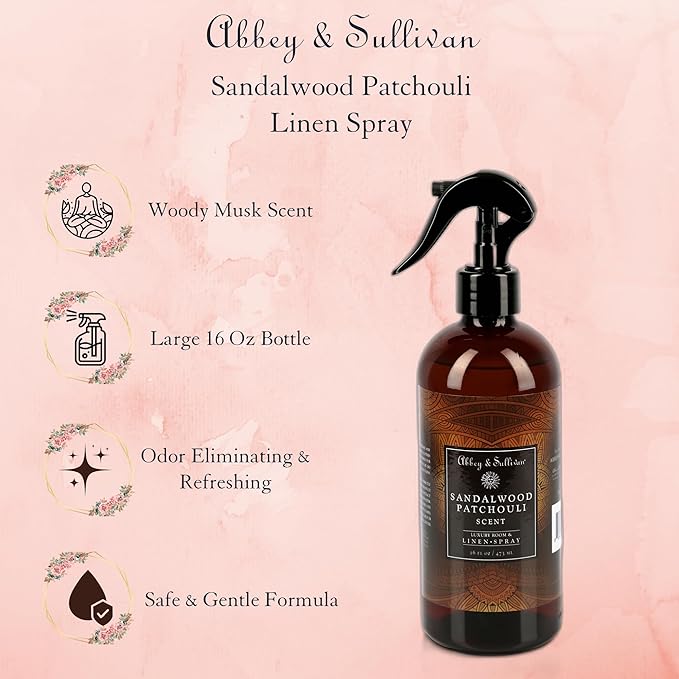 Abbey & Sullivan Linen Spray, Sandalwood & Patchouli, Warm and Earthy Odor Eliminating Scent, Pack of 2, 16 oz