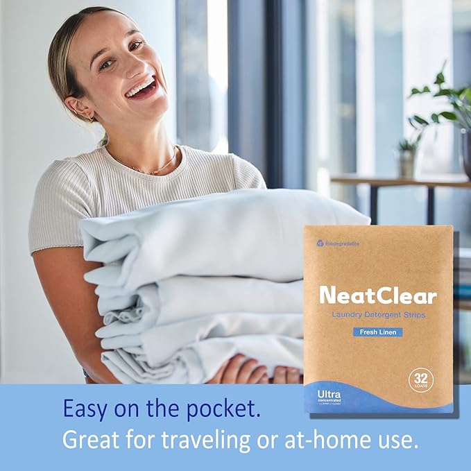 Eco-friendly Laundry Detergent Sheets, Travel Size Liquidless Soap Sheets NeatClear | No Mess & Space-Saving, Great For Travel, Apartments, Dorms | Fresh Linen Scent 32 Laundry Strips (32 Loads)
