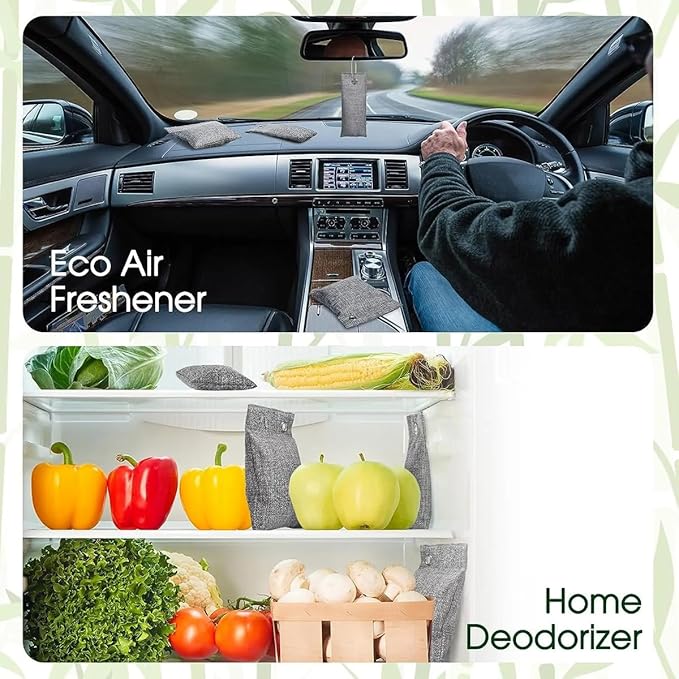 10PCS Activated Bamboo Charcoal Air Purifying Bag, Air Freshener Bag Moisture Absorber for Refrigerator Home Car, Gray