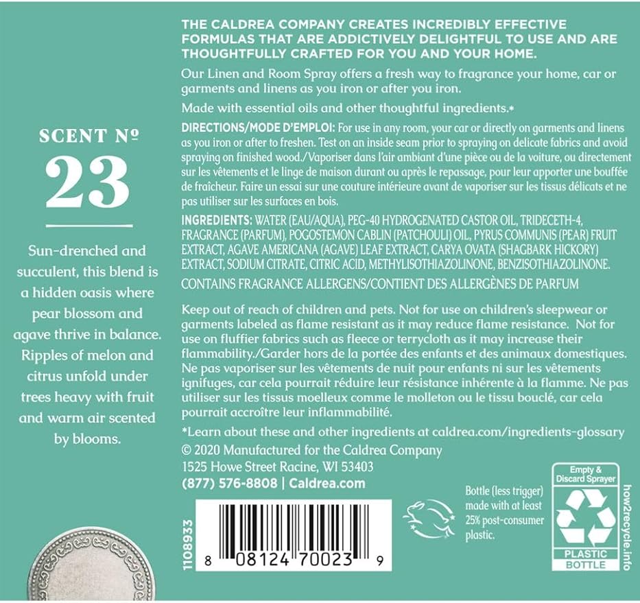 Caldrea Linen and Room Spray Air Freshener, Made with Essential Oils, Plant-Derived and Other Thoughtfully Chosen Ingredients, Pear Blossom Agave Scent, 16 oz, 2 Pack