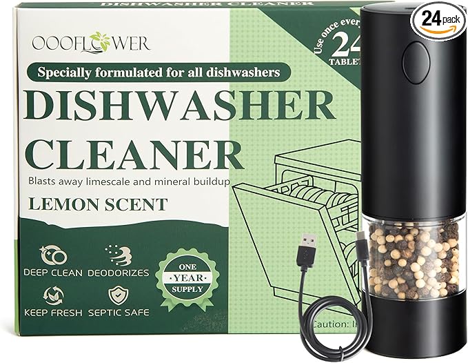24PCS Dishwasher Cleaner and Deodorizer Tablets with Electric Pepper Grinder, Deep Cleaning Formula Tablets for Removing Limescale, Odor, Smell, Hard Water Residue(Lemon-Scented)