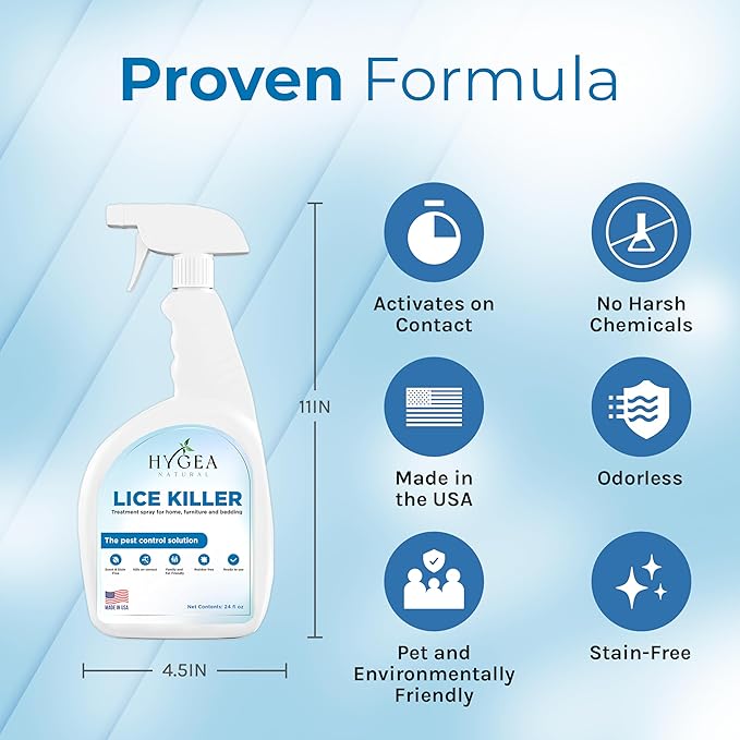 Hygea Natural Lice Spray for Home & Furniture - Natural Treatment for Head Lice - Family & Pet Friendly - Quick Action Against Infestations - Stain & Scent Free 24oz Spray