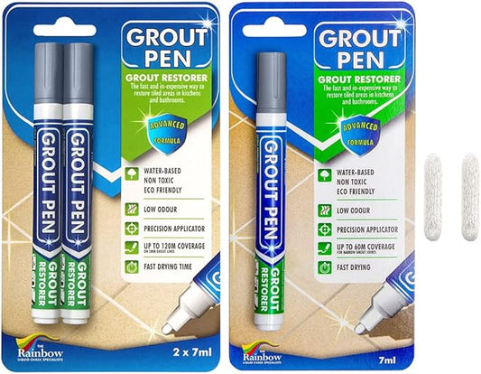 Grout Pen Tile Paint Marker: Grey 1 Pack and 2 Pack with Extra Tips (Narrow, 5mm) - Waterproof Grout Colorant and Sealer Pen to Renew, Repair, and Refresh Tile Grout - Cleaner Floor Pens