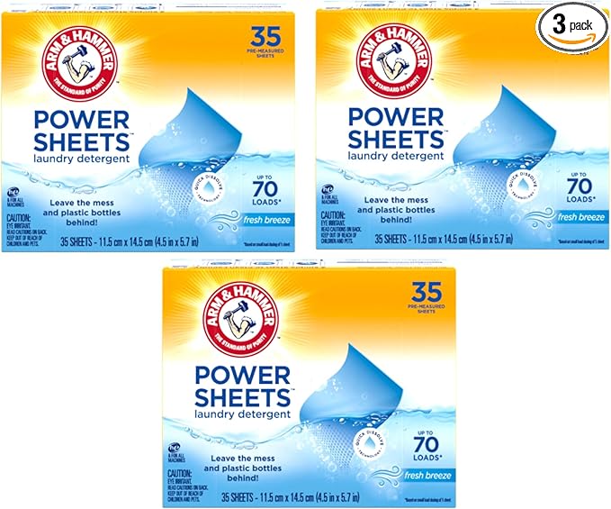 Arm & Hammer Laundry Detergent Power Sheets,Fresh Breeze, up to 210 Loads, 35 Ct (Pack of 3)