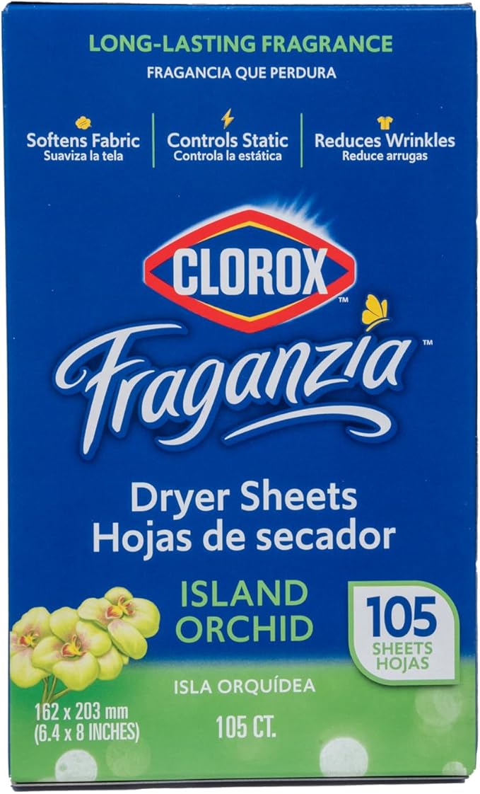 Clorox Fraganzia Fabric Softener Dryer Sheets | Scented Laundry Dryer Sheet for Great Smelling Clothes | Island Orchid Scent, 105 Count - 6 Pack