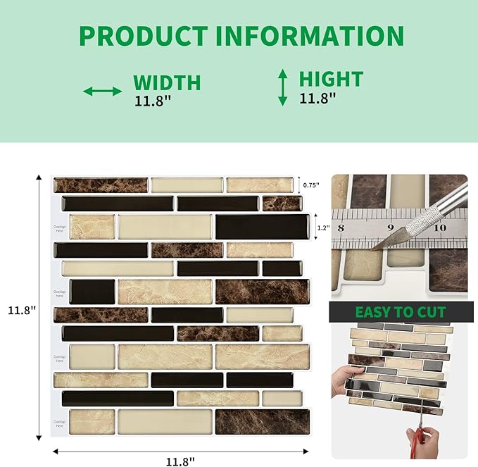 LONGKING 10-Sheet Brown Peel and Stick Backsplash Tile for Kitchen, Vinyl 3D Self-Adhesive Tile Stickers for Kitchen, Bathroom, Counter Top