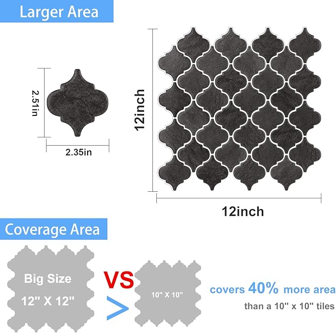 Arabesque Peel and Stick Backsplash for Kitchen, Thicker Design 3D Self Adhesive Wall Tiles, 12"x12" Peel and Stick Wall Tiles, Dark Grey 10-Sheet Stick on Tile for Kitchen and Bathroom.