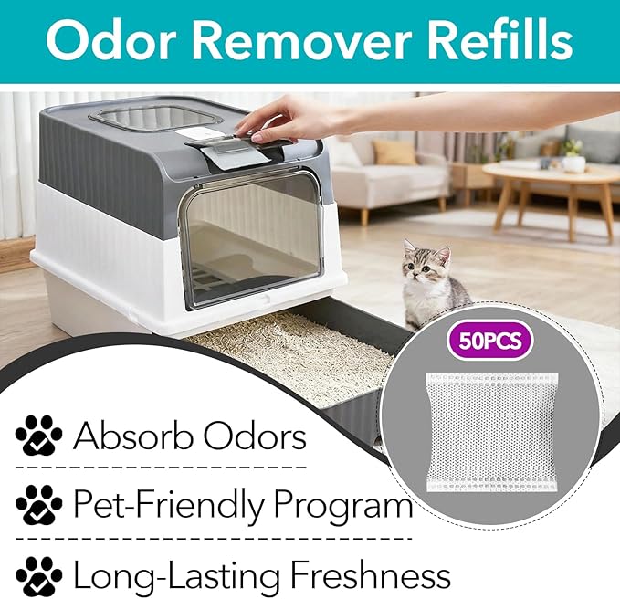 50 Pcs Activated Carbon Odor Eliminator Replacement for Hooded Cat Litter Box, Odor Remover Refills, Coconut Shell Charcoal Bags for Pet Odor Control