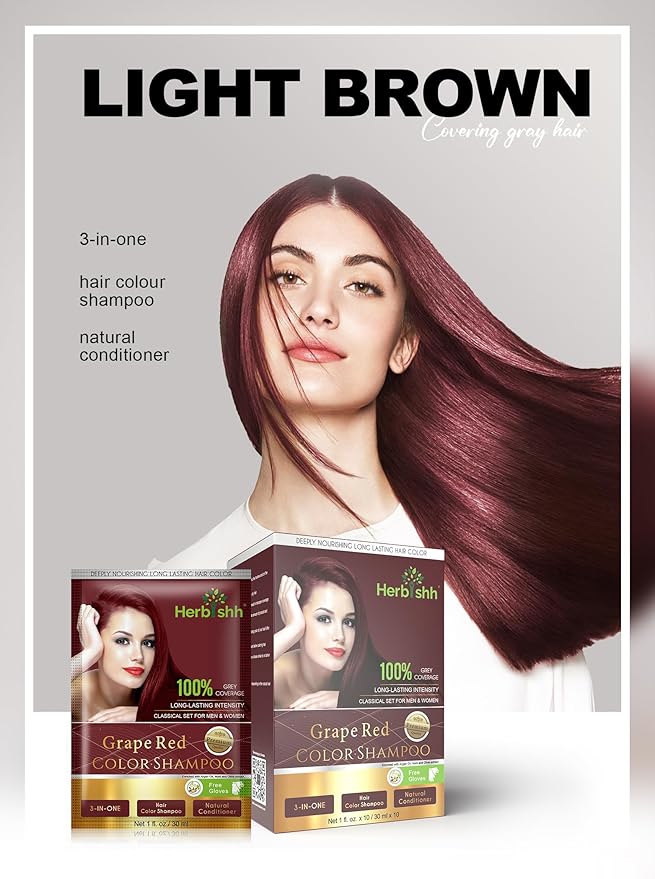 Herbishh Hair Color Shampoo for Gray Hair Grape Red + Hair Color Stain Remover Wipes - Travel Pack With 5 Wipes