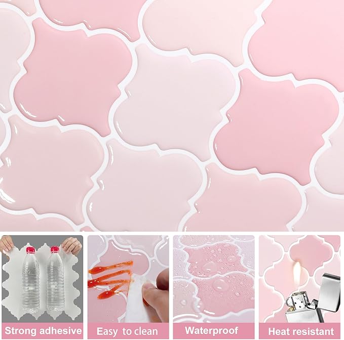 Pink Arabesque Tiles Peel and Stick Backsplash for Kitchen, WalDecoo 10-Sheet Stick on Tiles Kitchen Backsplash, Pink Peel and Stick Wall Tiles（12''×12''）
