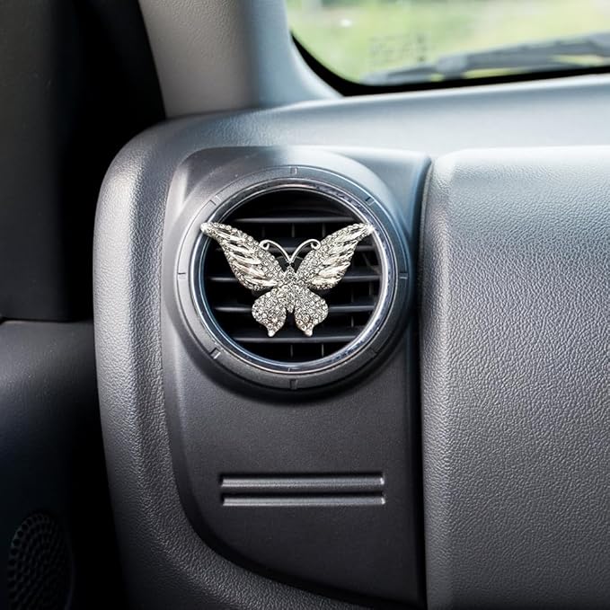 MiOYOOW 2PCS Butterfly Air Vent Clips, Mini Metal Car Air Fresheners, Rhinestone Car Interior Decorations, White, Pink, Blue, Natural Scent