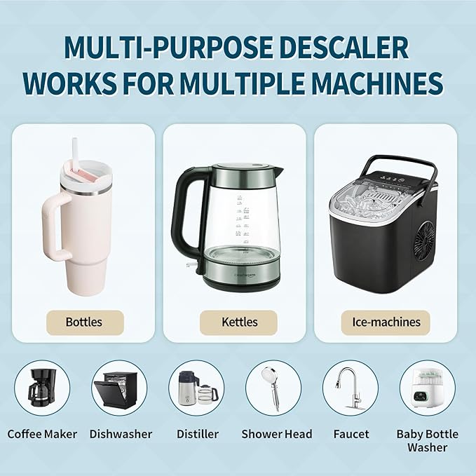 Multi-Purpose Descaler and Cleaner Powder(20-Uses) for Ice Maker Machine, Kettle, Tumbler, Bottles, Coffee Machine, Faucets, Shower Head, Limescale and Build-Up Remover, 20*0.35 oz (1 Packs)