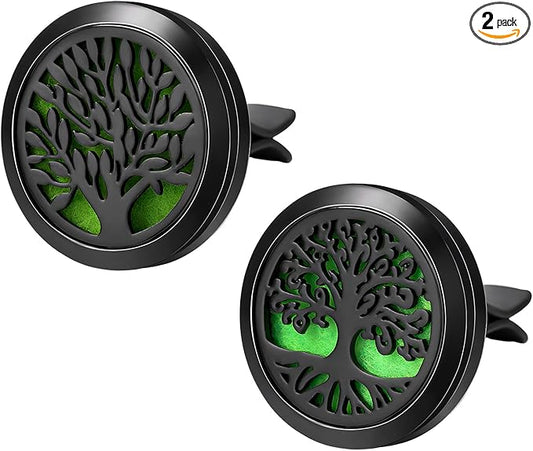 2PCS 30mm Car Diffuser Vent Clips, Tree of Life Aromatherapy Essential Oil Diffuser Locket with 12 Felt Pads, Stainless Steel Car Diffuser Locket Air Freshener (Black)