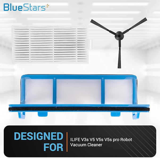 BlueStars Replacement Parts Filter Kit for Robotic Vacuum ILIFE V3 V3s V5 V5s V5s Pro Robot Vacuum Cleaner - 1 Primary Filter 3 HEPA Filter 6 Side Brushes - Pack of 10