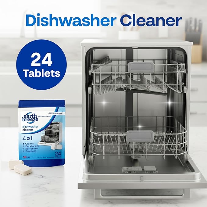 Earth Breeze Dishwasher Cleaner Tablets – 4-in-1 Cleans, Deodorizes, Refreshes & Protects – Removes Odor, Buildup & Residue – Fragrance Free, No Harsh Chemicals, Safe for All Dishwashers - Made in USA