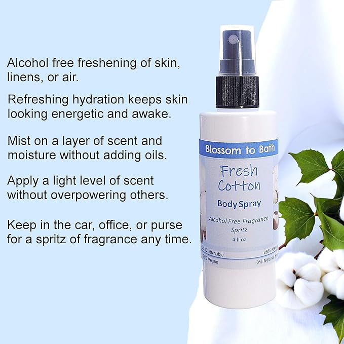 Blossom to Bath Fresh Cotton Body Spray (4 Ounce) - Phthalate Free Fragrance - Energizes Skin with a Clean Cotton Scent