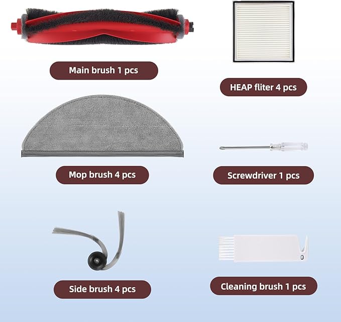 15 Pack Q10X5 Accessories Kit Replacement Compatible with Roborock Q10 X5 / Q10 X5+ Plus Robot Vacuum, 1 Main Brush, 4 Mop Cloth Pads, 4 Side Brushes, 4 HEPA Filters, 1 Cleaning Tool, 1 Screwdriver