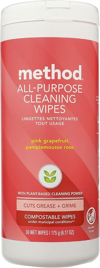 Method Pink Grapefruit All Purpose Cleaning Wipes, Multi-Surface, Compostable, 30 Count (Pack of 1)