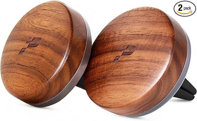 Wooden Car Air Freshener Vent Clip, Refillable Essential Oil Diffuser with Long-Lasting Natural Scent, North American Walnut & Metal Auto Deodorizer, Includes 2 Clips + 4 Plaster Refills