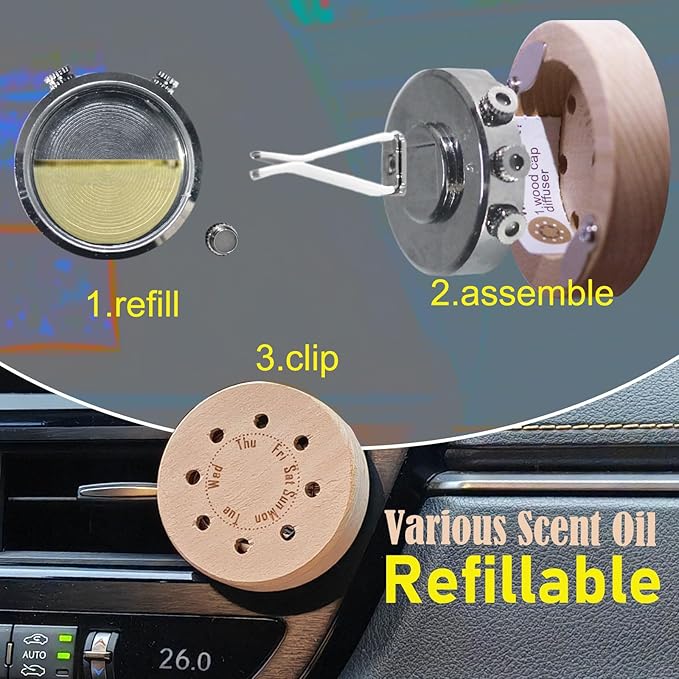 Fresh Lemon Car Scent 45 Days’ Long Last Non-toxic Natural Fragrance, Odor Fighting Air Freshener, Auto Vent Clip Wood Diffuser Refillable with Essential Oils (1x Empty Diffuser + 10ml Oil)