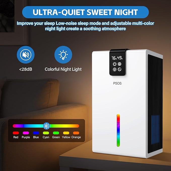 Dehumidifier, Dehumidifier for Home, 98 OZ Water Tank, 1000 sq.ft Dehumidifiers for Basement Bedroom Bathroom with Humidity Display, Auto Shut Off & Relaxing 7 Color Ambient Light, White