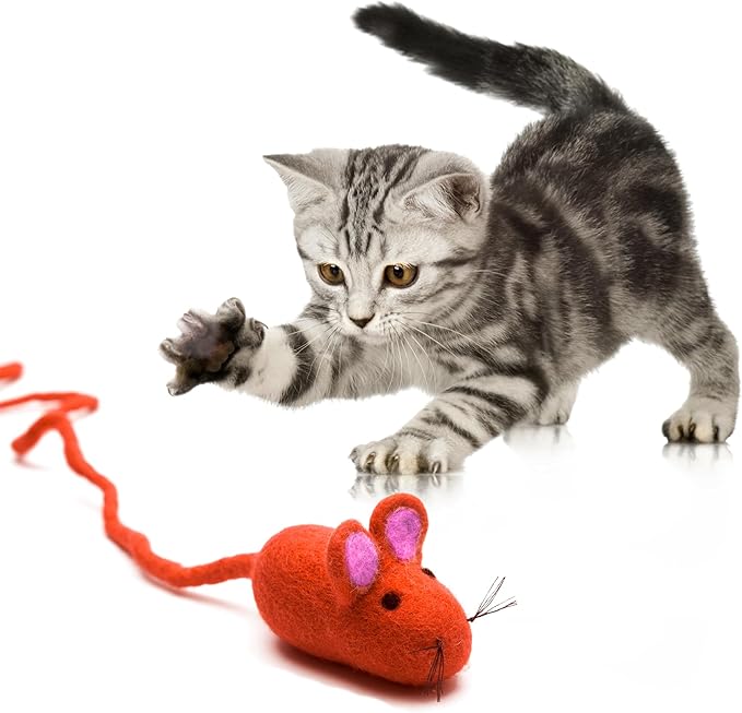 Glaciart One Felt Mouse Cat Toy – Soft Fuzzy Enrichment 100% Natural Wool - Interactive Catnip Play Cat Toy Set - Safe for Pets, Non-AZO Colored Dyes - 100” Long