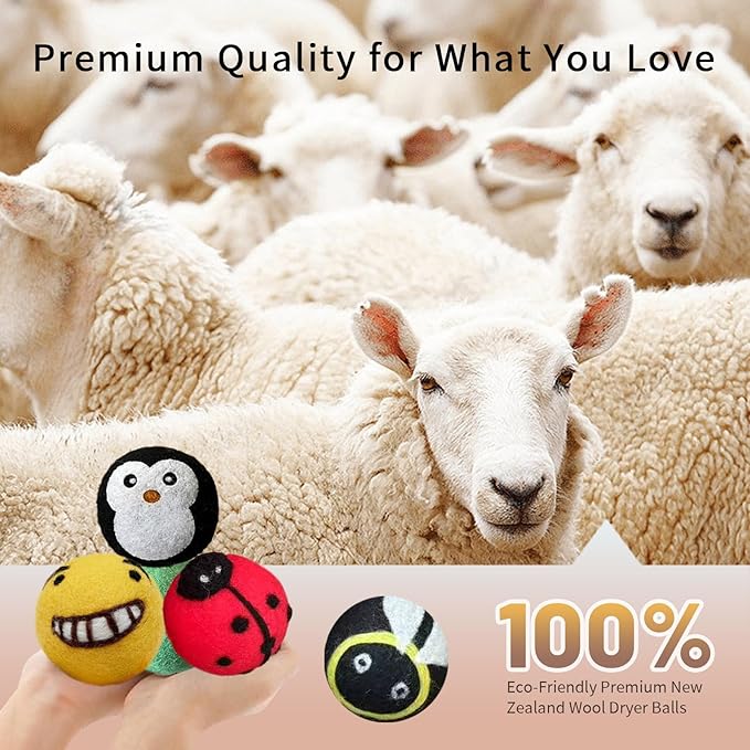 Solid Color Wool Dryer Balls 8-Pack,Hypoallergenic Softener Alternative, Assorted Pure Hues, All-Season Performance Cut Drying Time & Static for Organic Cotton