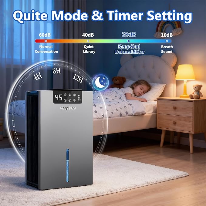 Dehumidifier, 98OZ Dehumidifiers for Home(1000sq.ft), Humidity Display Dehumidifier for Basement Bathroom Bedroom, Auto Shut Off, Washable Filter, Drain Hose, Timer, 7 Ambient Lights, Gray