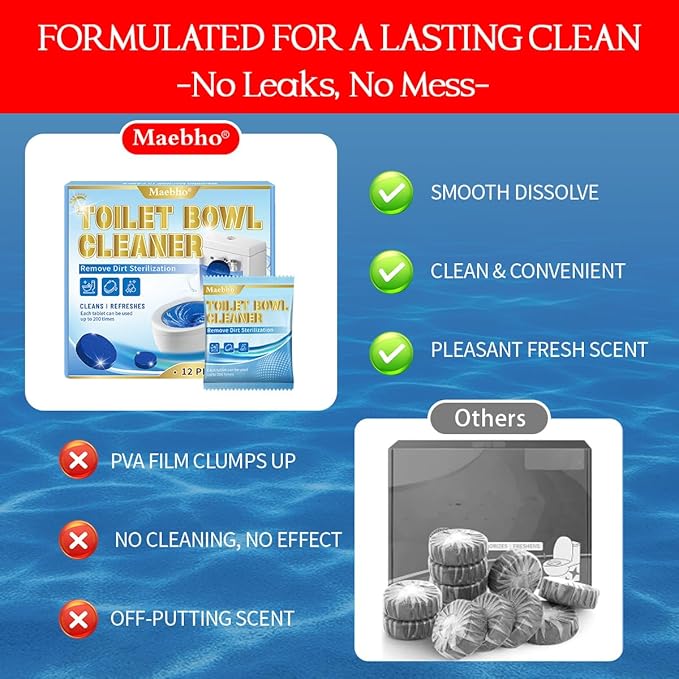 Automatic Toilet Bowl Cleaner Tablets,12- Pack Blue Gel In-Tank Cleaner, Removes Hard Water Rings & Stains, Septic Safe, Cleaning & Deodorize, Fresh Scent,50g Each