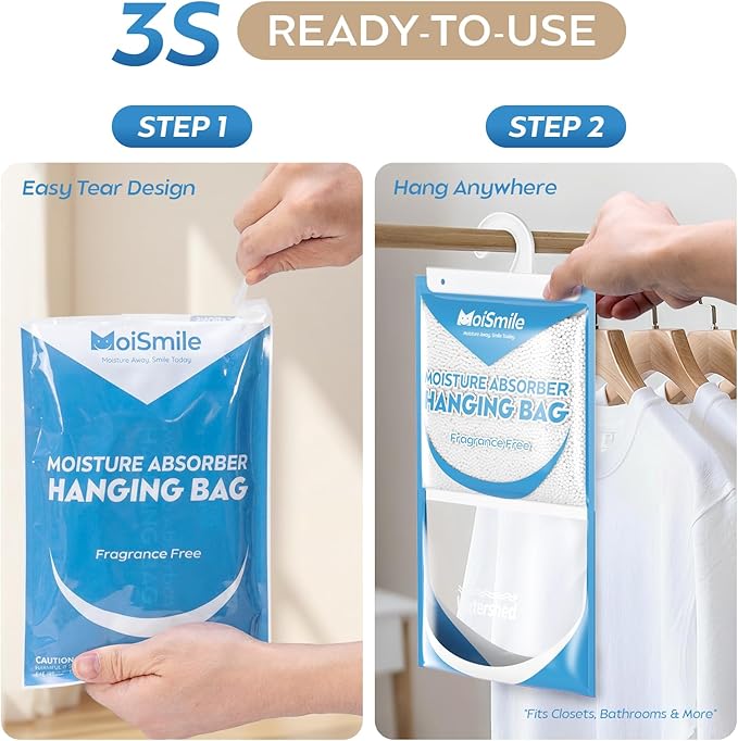 Hanging Moisture Absorbers 6 Pack Net Wt. 17.5oz/Pack, Fragrance Free Closet Dehumidifier Bags, Odor Eliminator & Humidity Absorber, Humidity Packs for Bathroom, Bedroom, Basement, Car, RV & Boat
