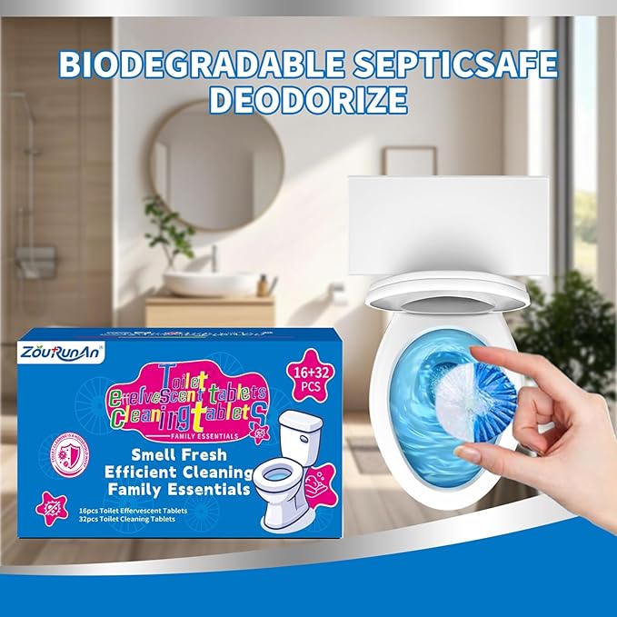 2-in-1 Toilet Cleaning Tablets (24 Pack) - 8 Effervescent Toilet Bowl Stain Remover and 16 Blue White Toilet Tank Cleaner Tablets - Limescale Removal for Septic System