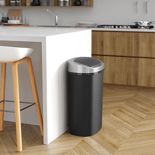iTouchless 13 Gallon Sensor Kitchen Trash Can with Lid and Odor Filter, Durable Dent-Proof Automatic Waste Basket Garbage Bin Great for Home, Office, Business, Slim Space-Saving, Oval, Black Plastic