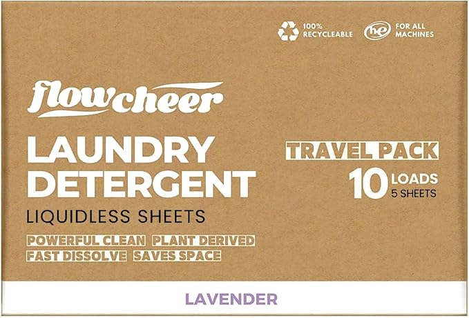 Flowcheer Laundry Detergent Sheets 10 Loads, Powerful Cleaning, Plastic-Free Washer Sheets,Travel Detergent Sheet, Lavender