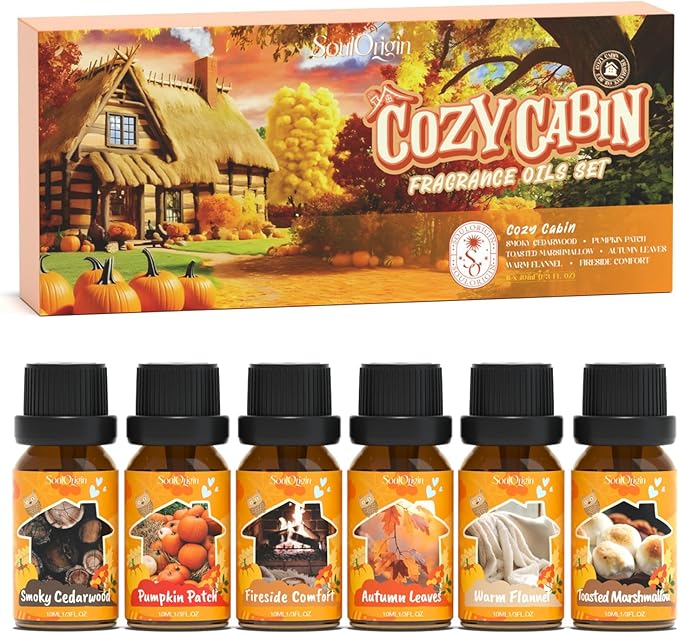 Fall Cozy Cabin Fragrance Oils Set, Essential Oil for Diffuser, Use for Soap Candle Making-Smoky Cedar Wood, Roasted Marshmallows, Autumn Leaves, Warm Flannel, Fireplace Time, Pumpkin Patch