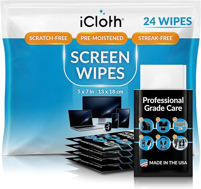 Screen Cleaner Wipes by iCloth – Individually Wrapped – Travel Size – Streak-Free (24 Large Wipes)