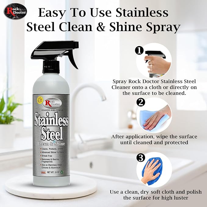 Rock Doctor Stainless Steel Cleaner and Polish, Streak-Free Cleaning Solution for Chrome and Aluminium, Stainless Appliance Cleaner, Stainless Steel Cooktop Cleaner, 24 oz. Spray Bottle, Pack of 2