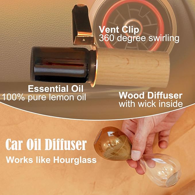 Lemon Car Scent 30 Days’ Refillable Odor Fighting Non-toxic Strong Natural Fresh Fragrance, Vent Clip Wood Diffuser & Pure Essential Oils Auto Air Freshener (1x Beech Diffuser + 10ml Oil)